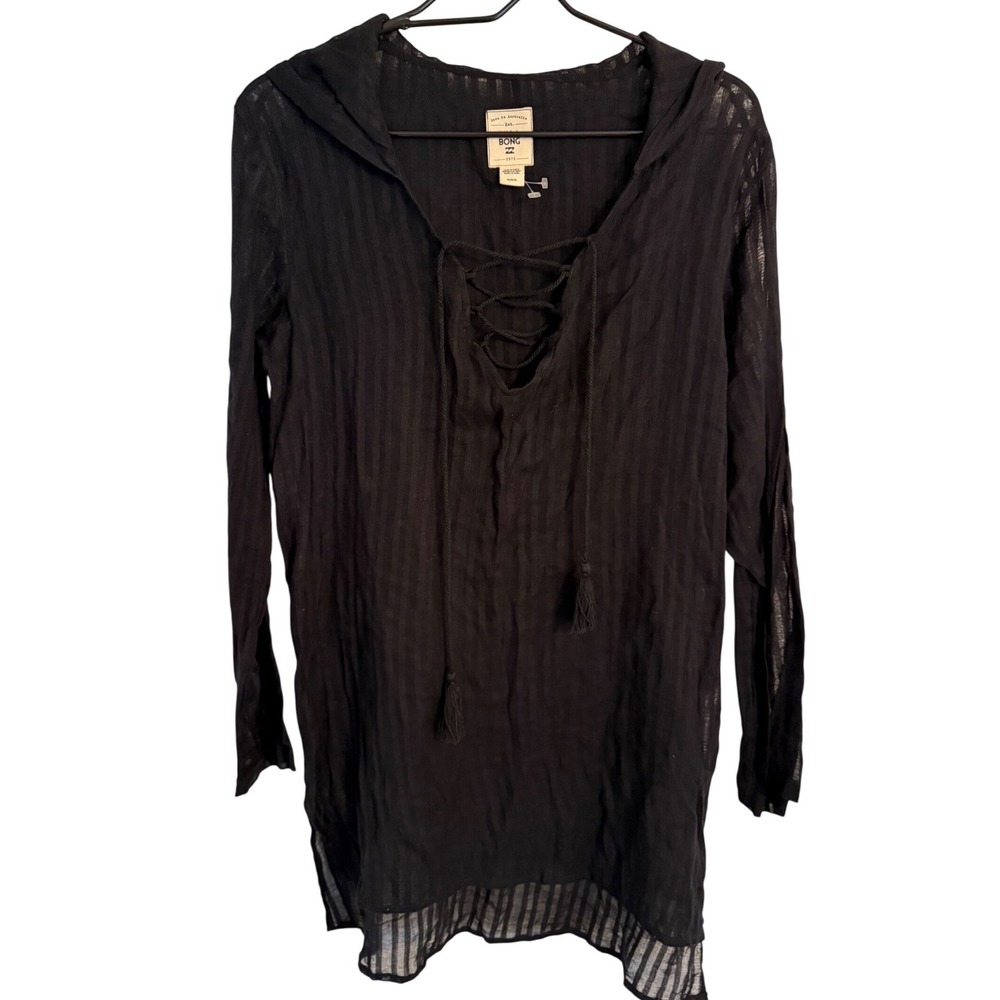 Billabong Same Side Black Striped Hooded Lace Up Beach Cover Up Tunic Medium NEW